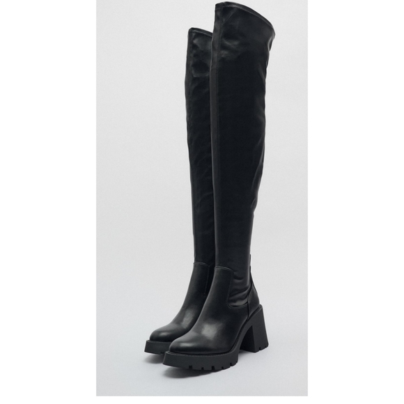 ZARA OVER THE KNEE LUG SOLE BOOTS BLACK SIZE 38 FAUX LEATHER - Picture 4 of 7